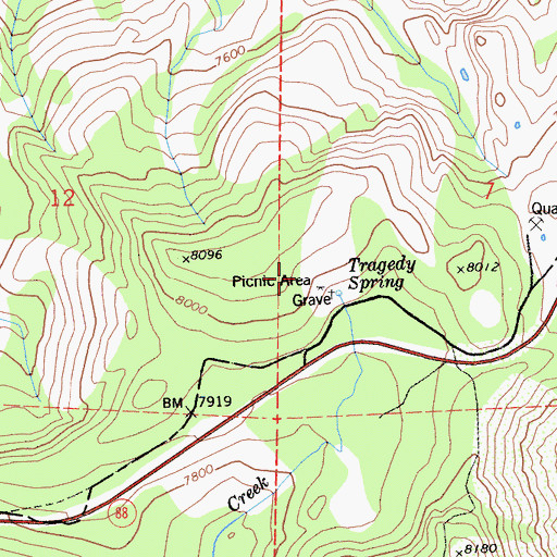Topographic Map of Tragedy Spring Campground, CA