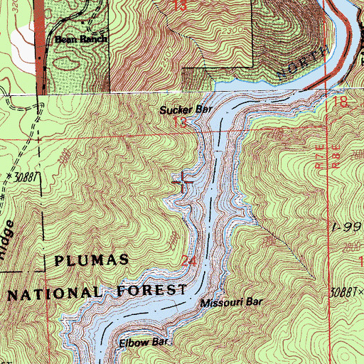 Topographic Map of Sucker Bar, CA
