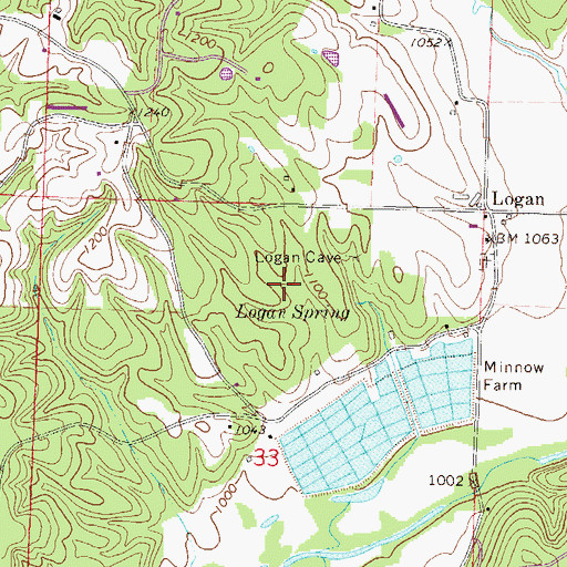 Topographic Map of Logan Cave National Wildlife Refuge, AR