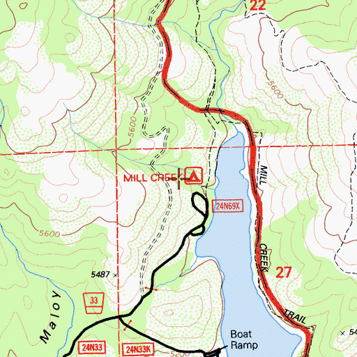Topographic Map of Mill Creek Campground, CA