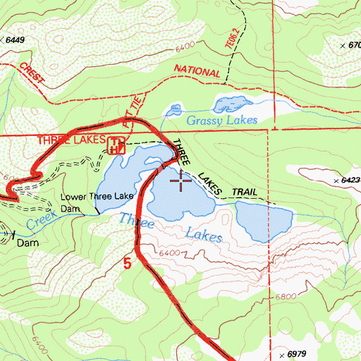 Topographic Map of Three Lakes Trail, CA