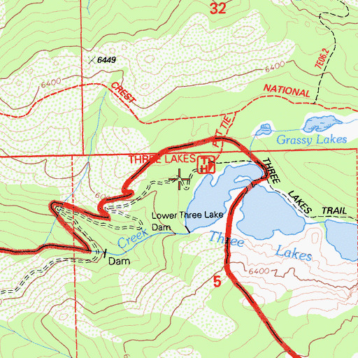 Topographic Map of Three Lakes Trailhead, CA
