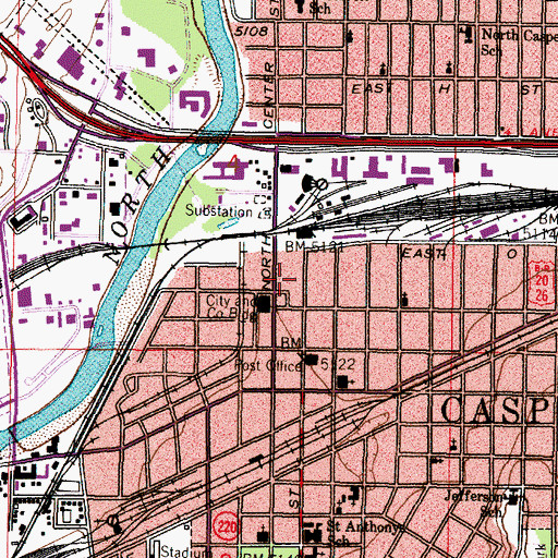 Topographic Map of Casper Post Office Downtown, WY