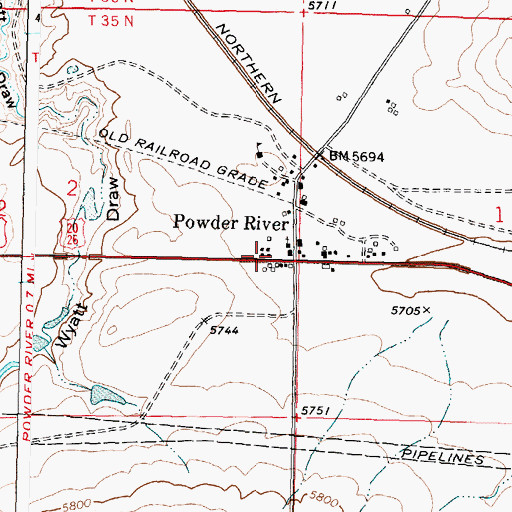 Topographic Map of Powder River Post Office, WY