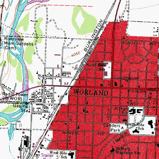 Topographic Map of Worland Post Office, WY