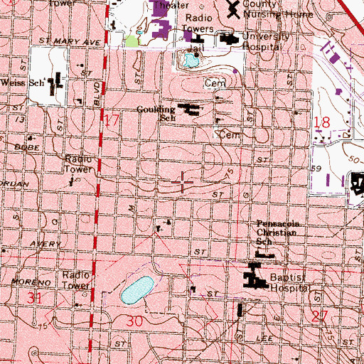 Topographic Map of Pensacola Post Office, FL