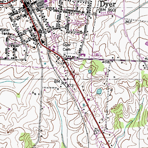 Topographic Map of Dyer Police Department, TN