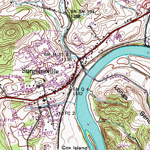 Topographic Map of Surgoinsville Police Department, TN