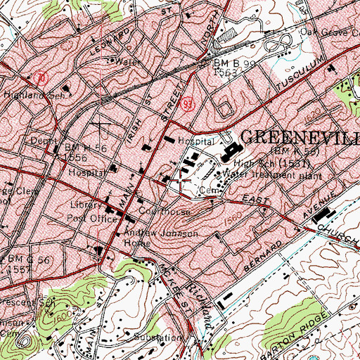 Topographic Map of Greeneville Police Department, TN