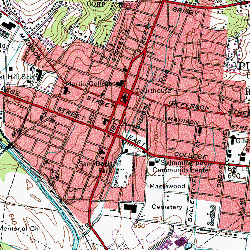 Topographic Map of Pulaski Police Services, TN