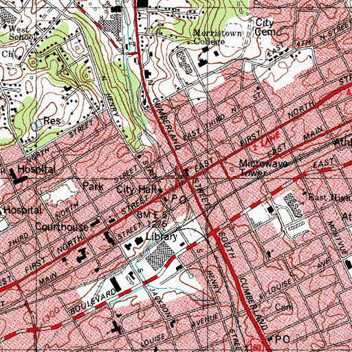 Topographic Map of Morristown Police Department, TN