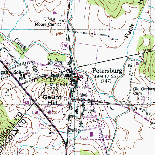 Topographic Map of Petersburg Police Department, TN