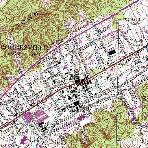 Topographic Map of Rogersville Police Department, TN