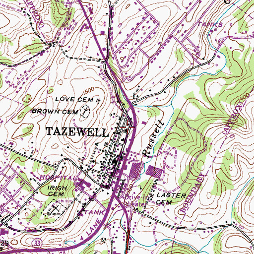 Topographic Map of Tazewell Police Department, TN