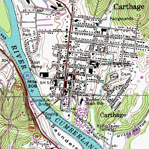 Topographic Map of Carthage Police Department, TN
