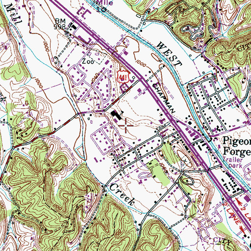 Topographic Map of Pigeon Forge Police Department, TN