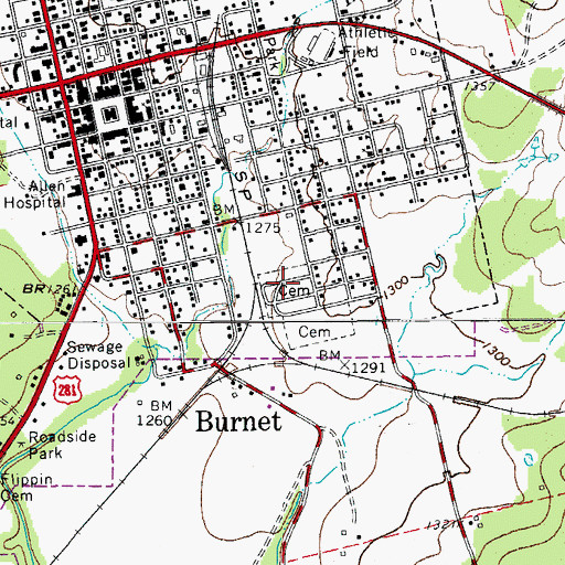 Topographic Map of Burnet Cemetery, TX