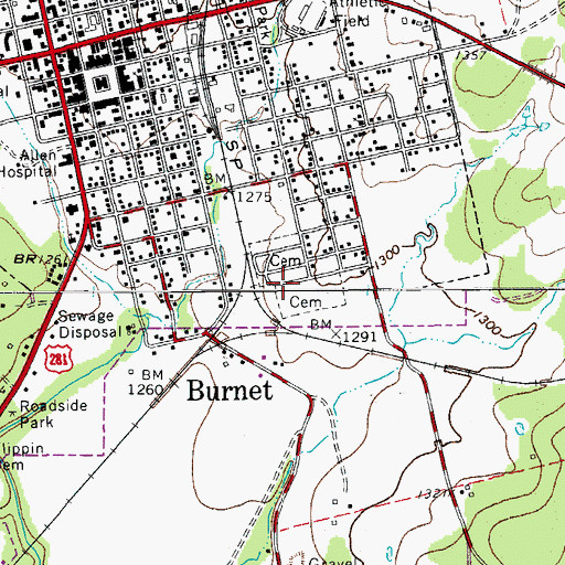Topographic Map of Old Burnet Cemetery, TX
