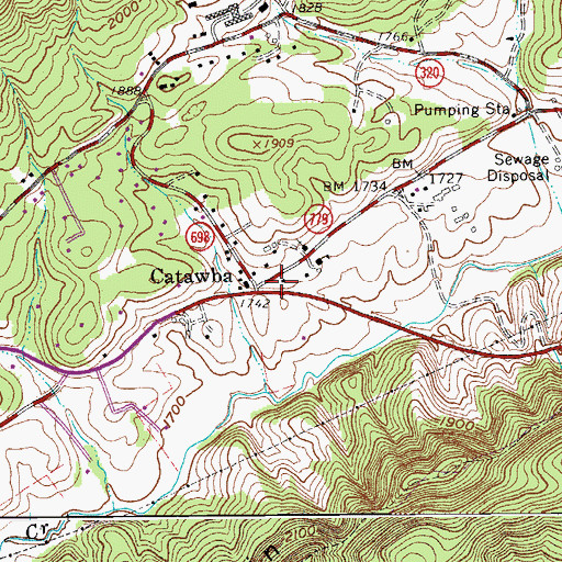 Topographic Map of Catawba Post Office, VA