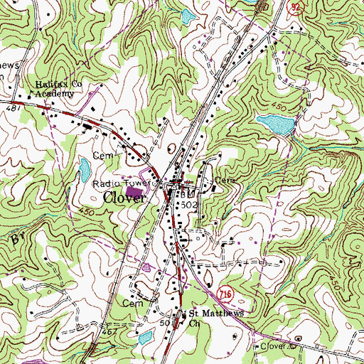 Topographic Map of Clover Post Office, VA