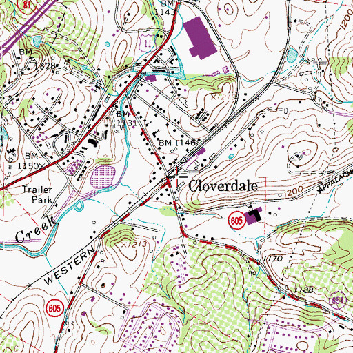 Topographic Map of Cloverdale Post Office, VA