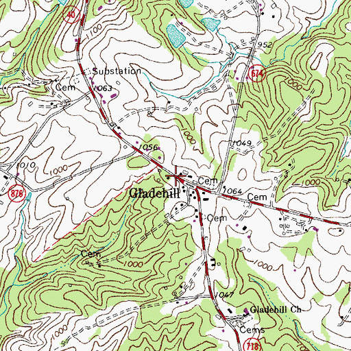 Topographic Map of Glade Hill Post Office, VA