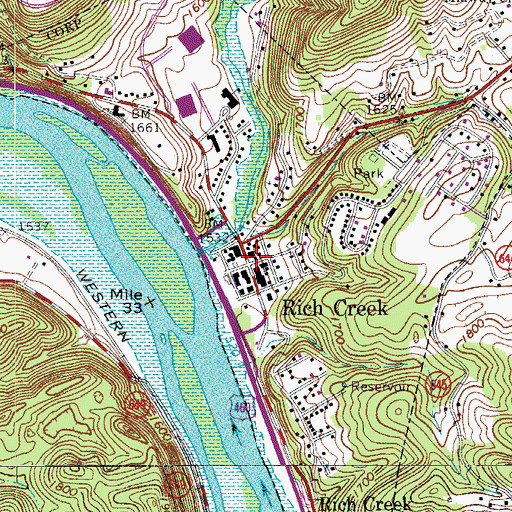 Topographic Map of Rich Creek Post Office, VA