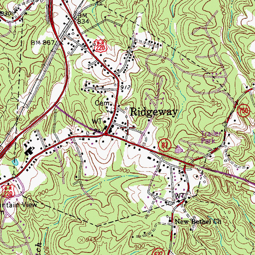 Topographic Map of Ridgeway Post Office, VA