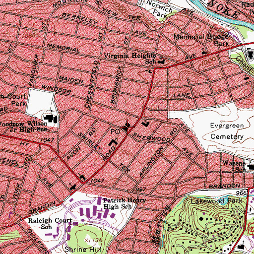 Topographic Map of Grandin Road Post Office, VA