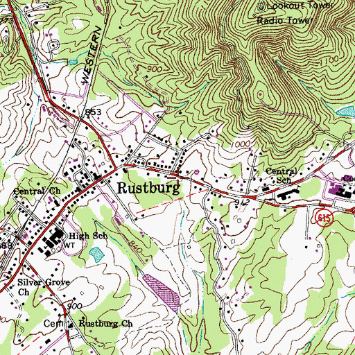 Topographic Map of Rustburg Post Office, VA