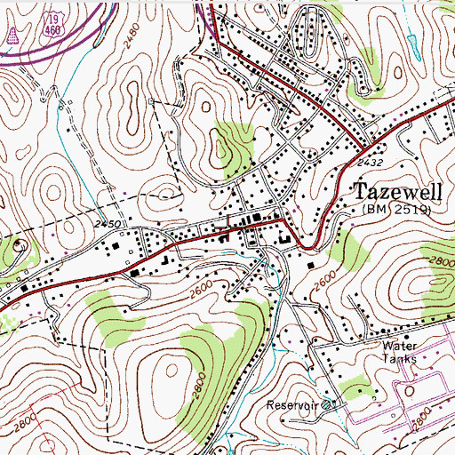 Topographic Map of Tazewell Post Office, VA