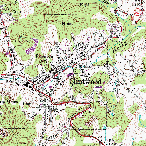 Topographic Map of Clintwood Post Office, VA