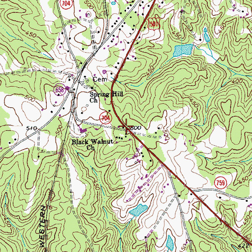 Topographic Map of Cluster Springs Post Office, VA