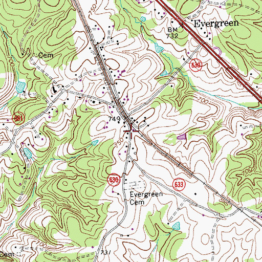 Topographic Map of Evergreen Post Office, VA