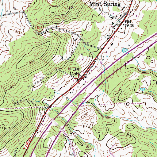 Topographic Map of Mint Spring Post Office, VA