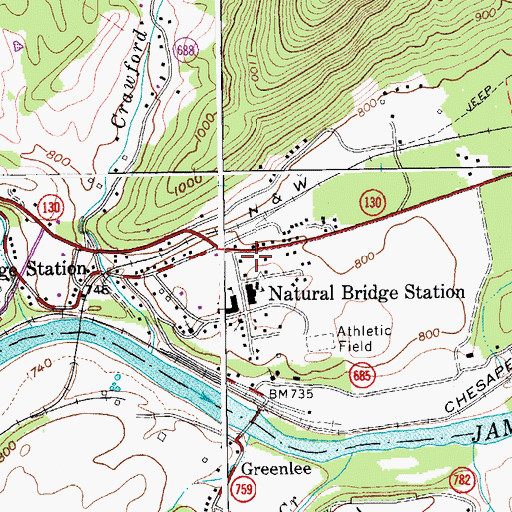 Topographic Map of Natural Bridge Station Post Office, VA