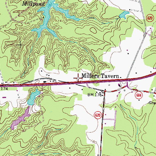 Topographic Map of Millers Tavern Post Office, VA