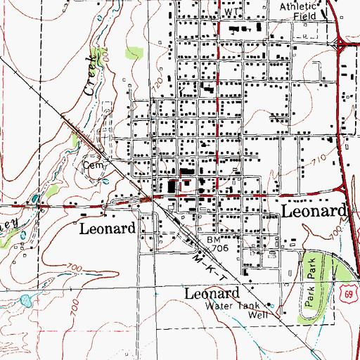 Topographic Map of Leonard Post Office, TX