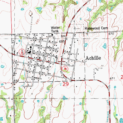 Topographic Map of Achille Post Office, OK