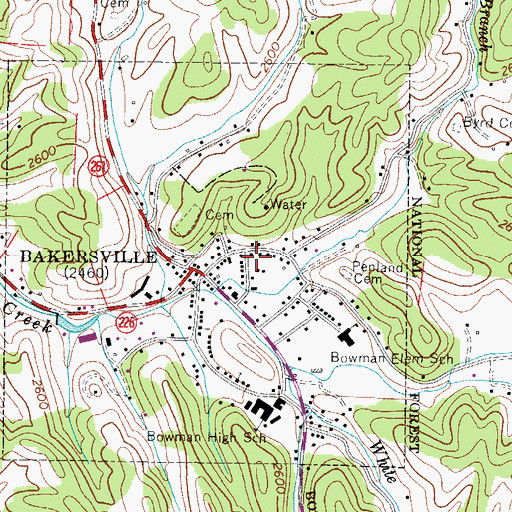 Topographic Map of Bakersville Post Office, NC