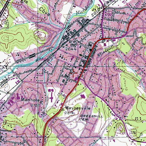 Topographic Map of Waynesville Post Office, NC
