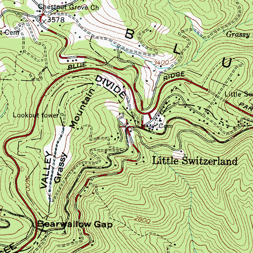 Topographic Map of Little Switzerland Post Office, NC