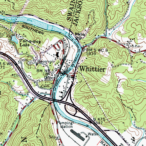 Topographic Map of Whittier Post Office, NC