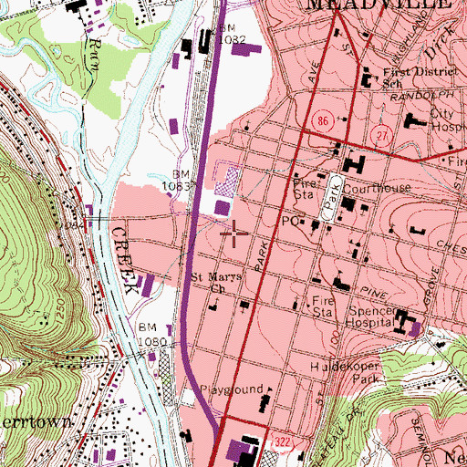 Topographic Map of Meadvile Post Office, PA