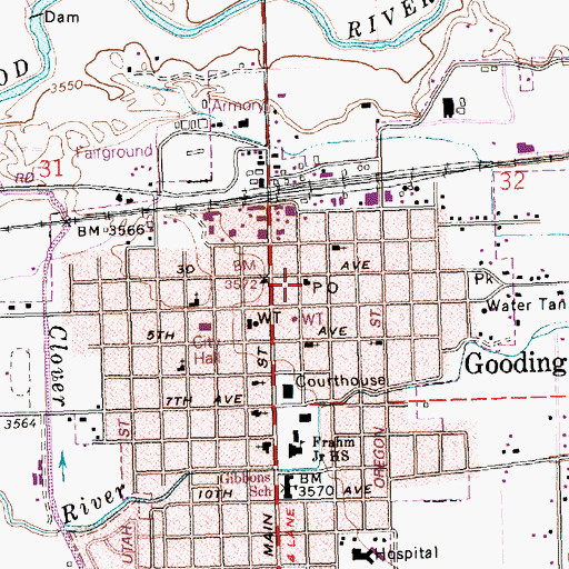 Topographic Map of Gooding Post Office, ID