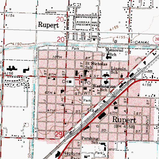 Topographic Map of Rupert Post Office, ID