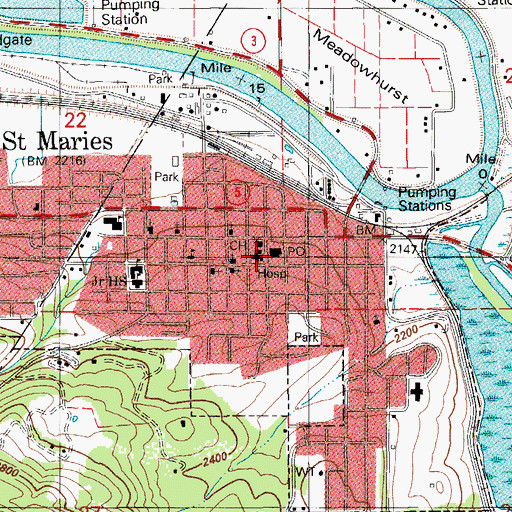 Topographic Map of Saint Maries Post Office, ID
