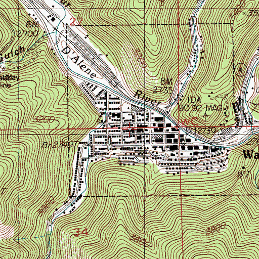 Topographic Map of Wallace Post Office, ID