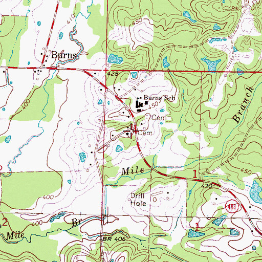 Topographic Map of Burns Methodist Cemetery, MS