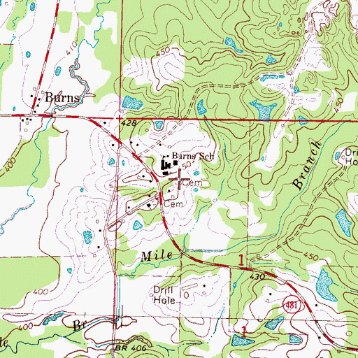 Topographic Map of Burns Baptist Cemetery, MS
